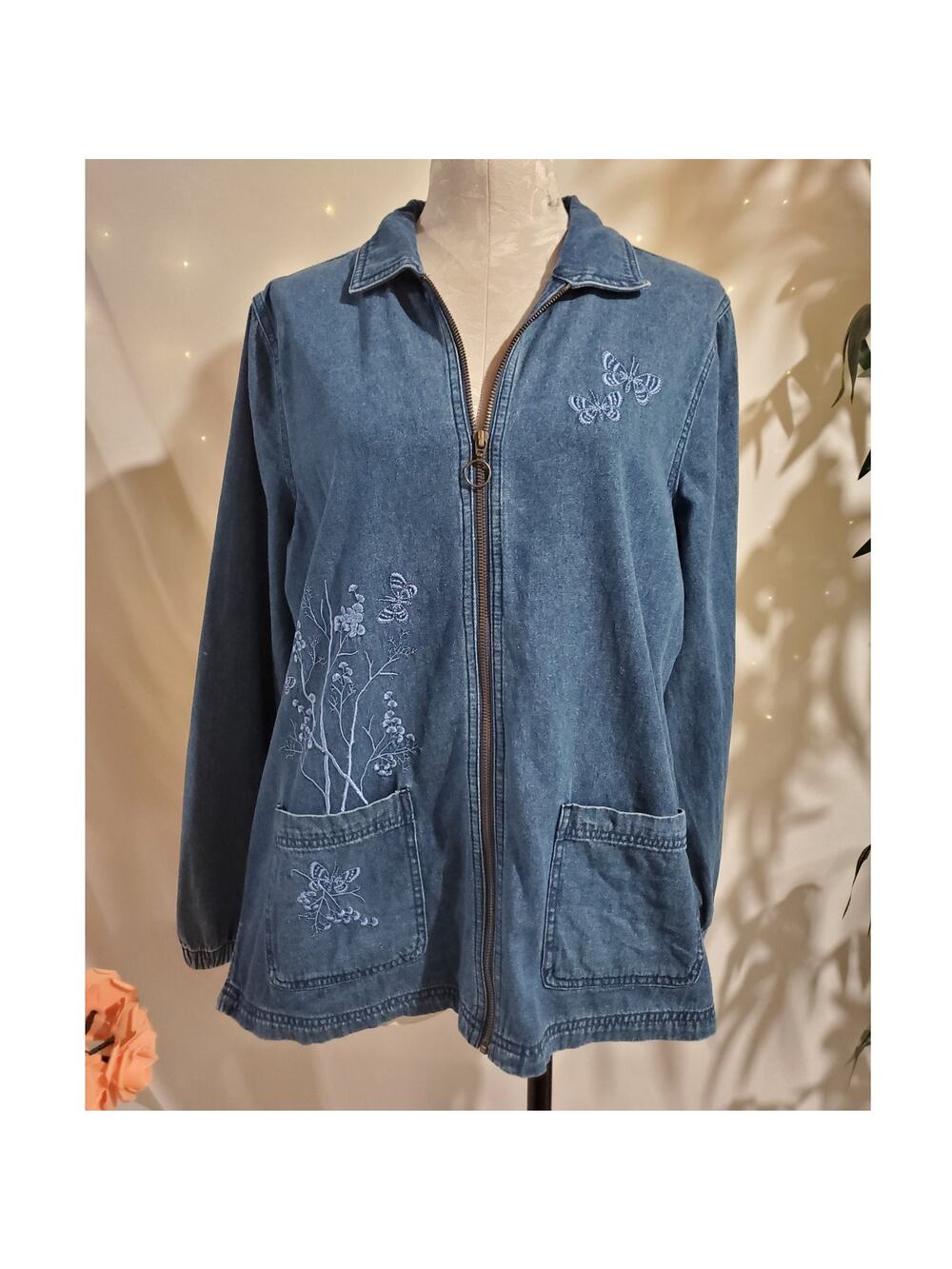 Vtg Basic Editions Embroidered Butterfly Full Zip Denim Jacket Size L 90s Y2K